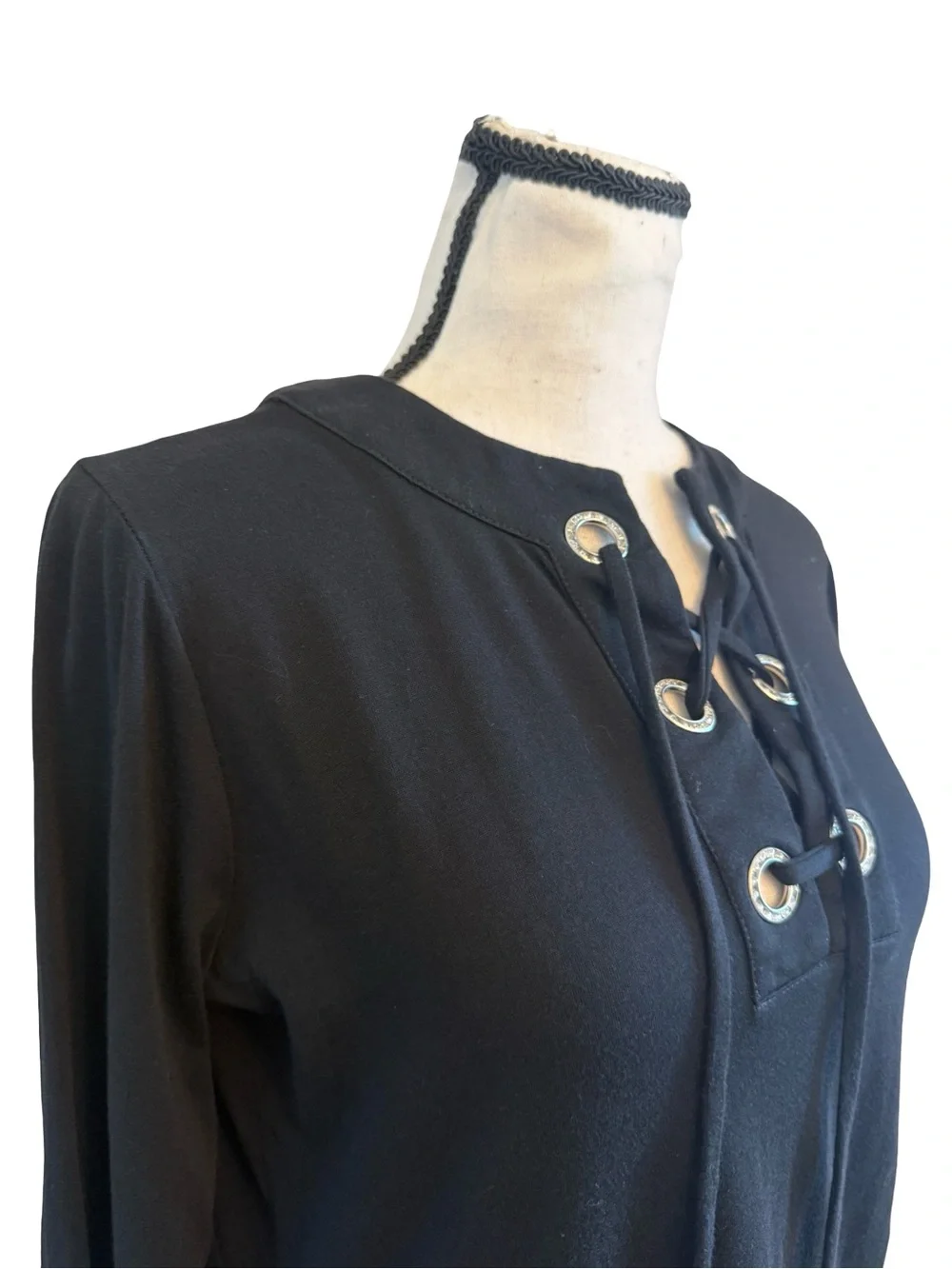 Michael Kors Black Lace Up Tunic Top Rhinestone Grommet Bell Sleeve S